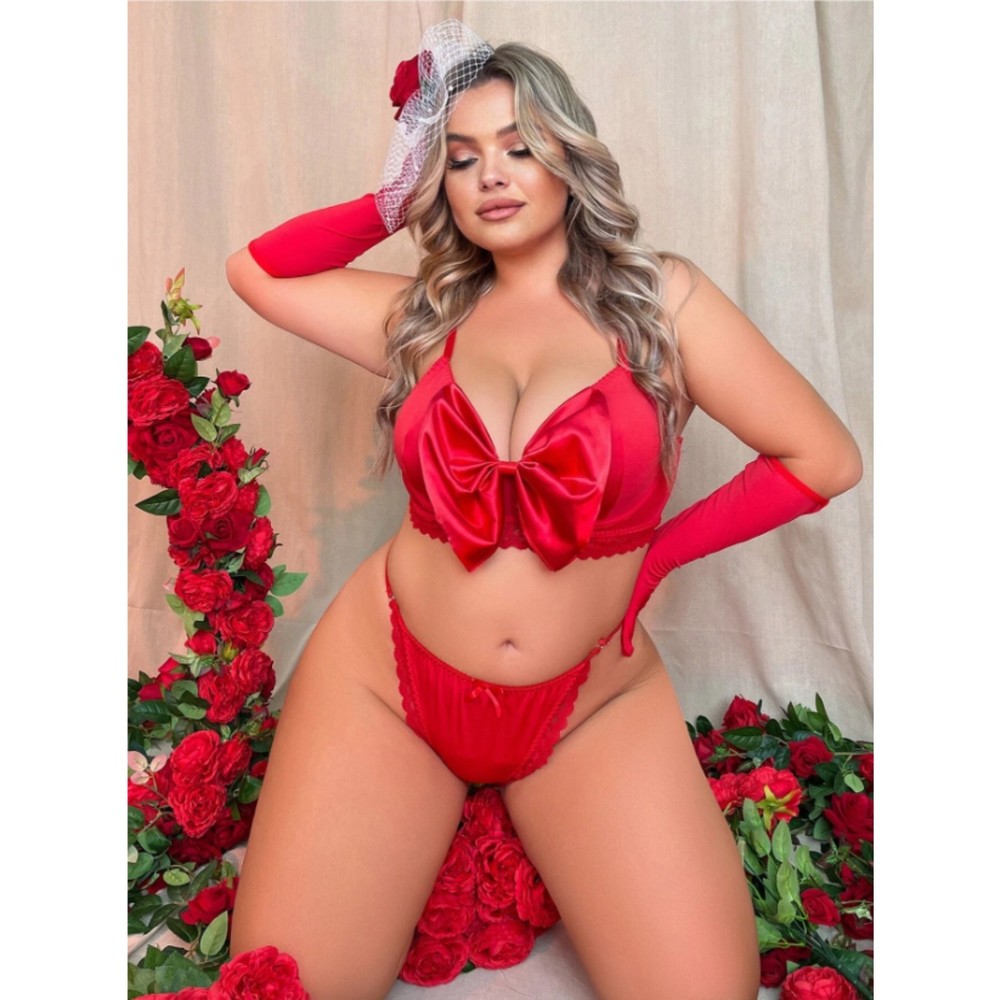Plus 4 piece Red Bow Front Underwire Thong Lingerie Set
